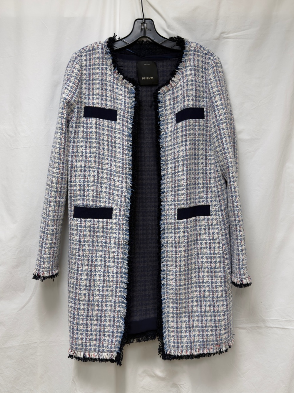 Pinko Tweed Fringe Long Trench Coat in Red, White, and Blue